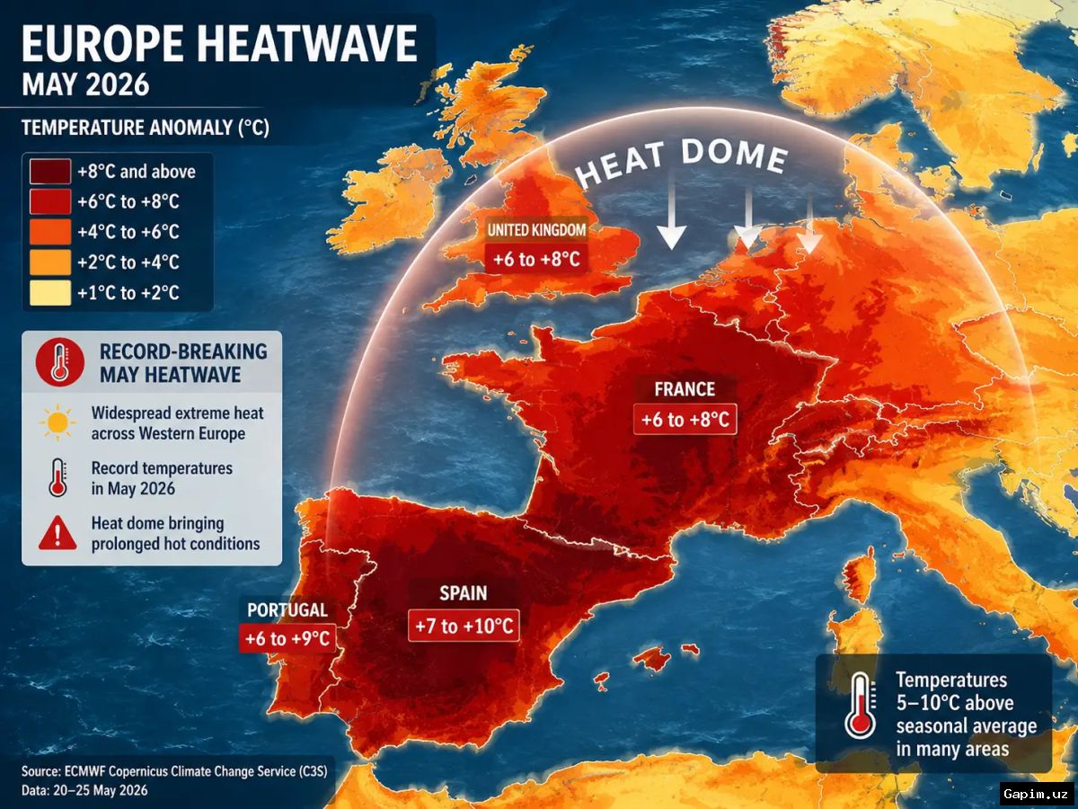 🌡️🔥 Buyuk Britaniya va Fransiyada may oyining eng issiq kuni qayd etildi