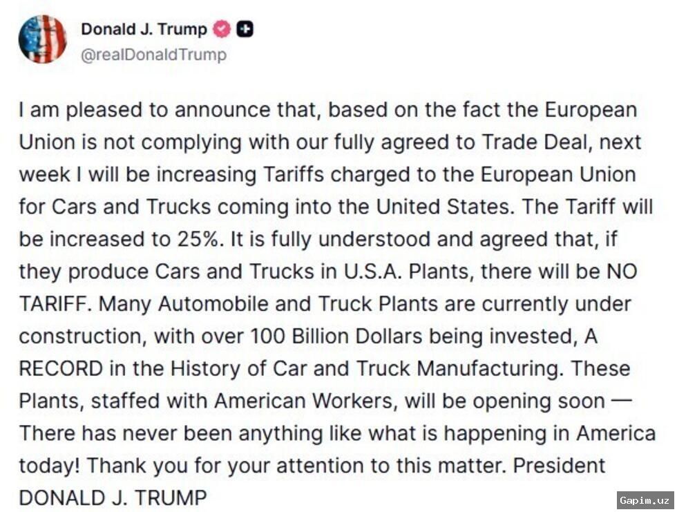 🚗💥 Трамп угрожает повысить пошлины на автомобили из ЕС до 25%