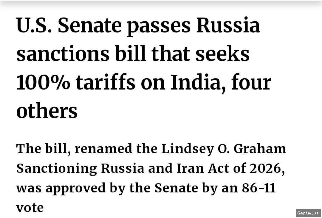 🇺🇸💥 US Senate Passes Bill Allowing 100% Tariffs on India Over Russian Oil Imports
