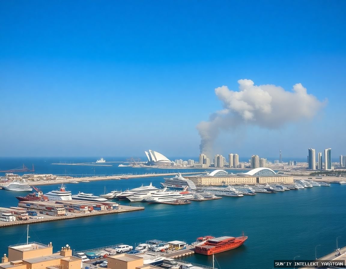 Dubayning asosiy portidan tutun ko'rinishi: Eron hujumidan keyin