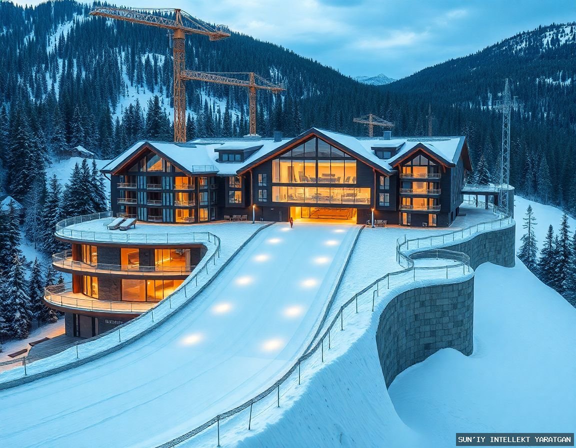 Innovative Hotel with Ski Slope from Roof Under Construction at Chimgan Resort