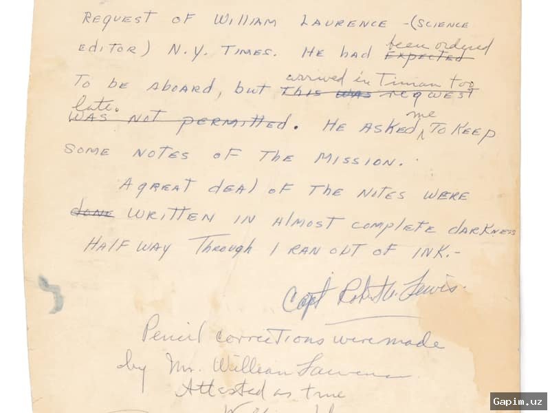 Hiroshimaga atom bombasini tashlagan uchuvchining "Nima qildik biz" degan kundaligi 1 million dollarga sotilmoqda